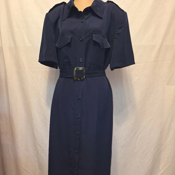 Navy Blue Belted Shirt Dress - Picture 2 of 12